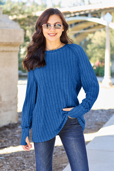Essential Elegance: Full Size Ribbed Round Neck Long Sleeve Knit Top