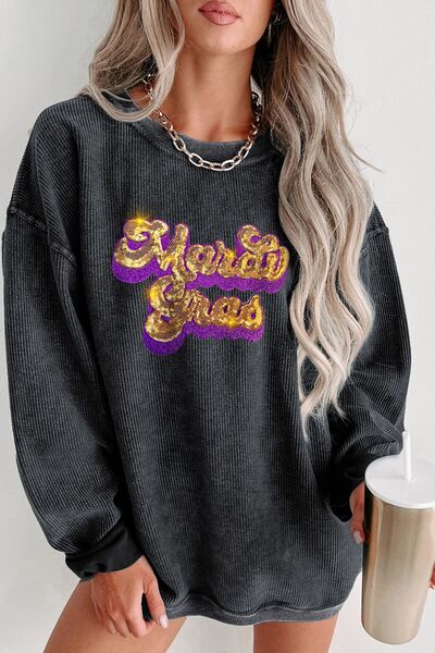 Sequin Mardi Gras Embroidered Round Neck Sweatshirt